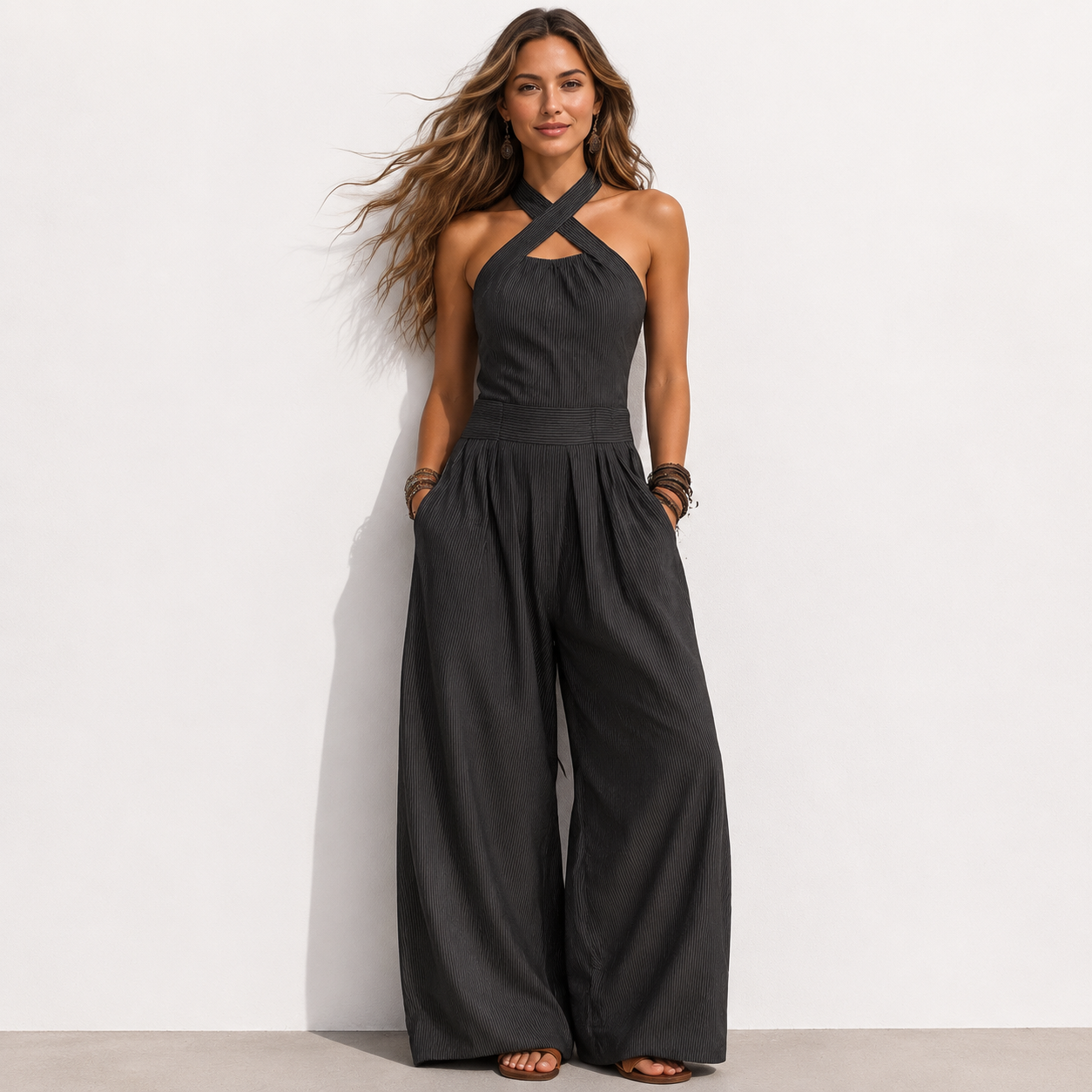 Women's Cross-neck Halter Design Cotton-linen Jumpsuit