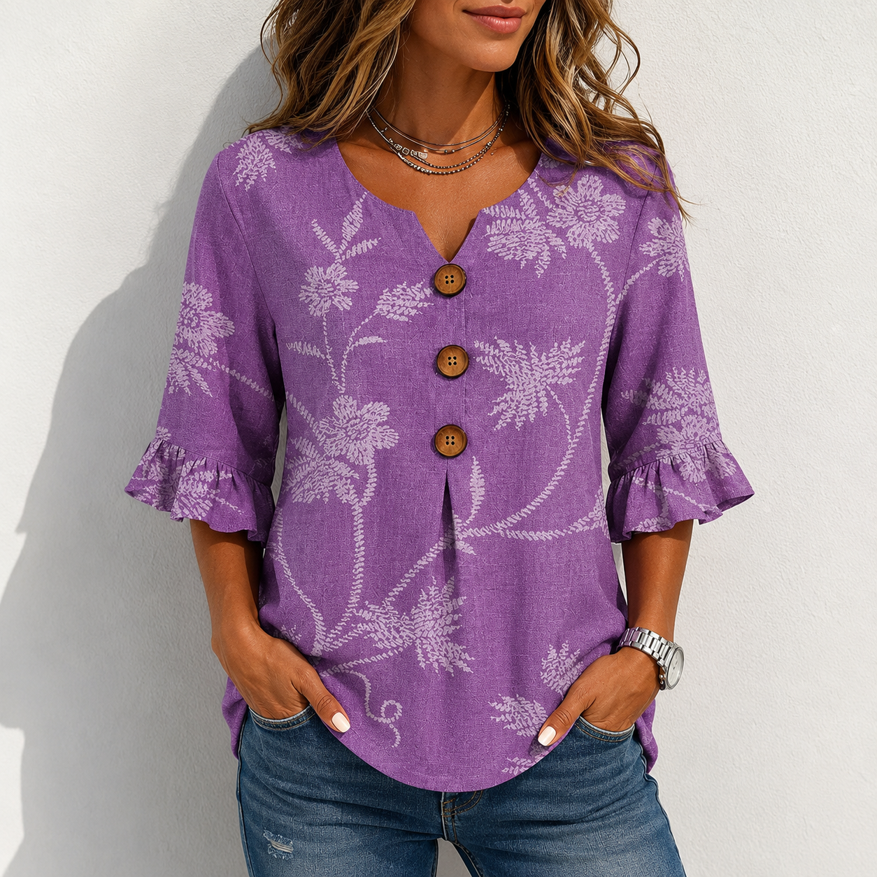 Boho Floral Print Button V-neck Blouse With Ruffle Sleeves