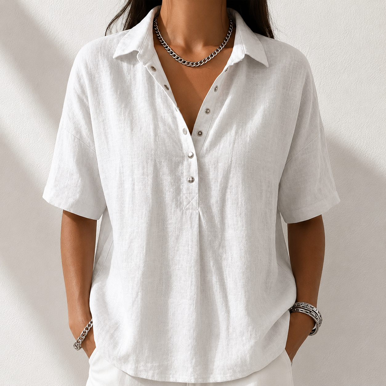 Women’s Cotton Linen Polo Shirt – Casual Short Sleeve Summer Top