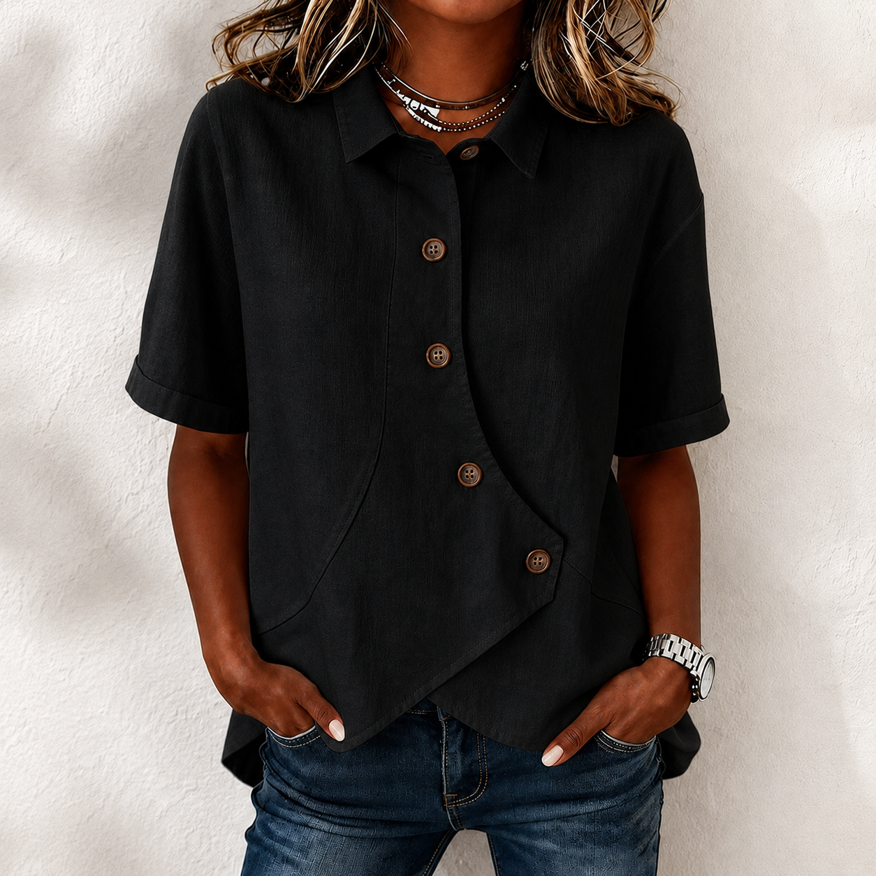 Elegant Solid Collared Button-up Short Sleeve Blouse