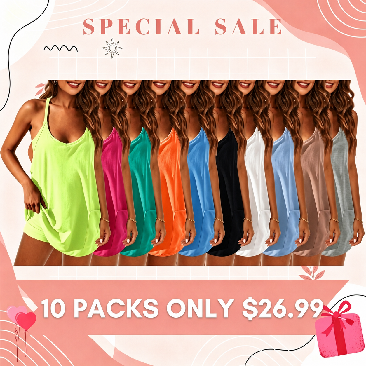 Summer Special Sale❤Women's Built-in Bra Summer Sleeveless Mini Dress V Neck Spaghetti