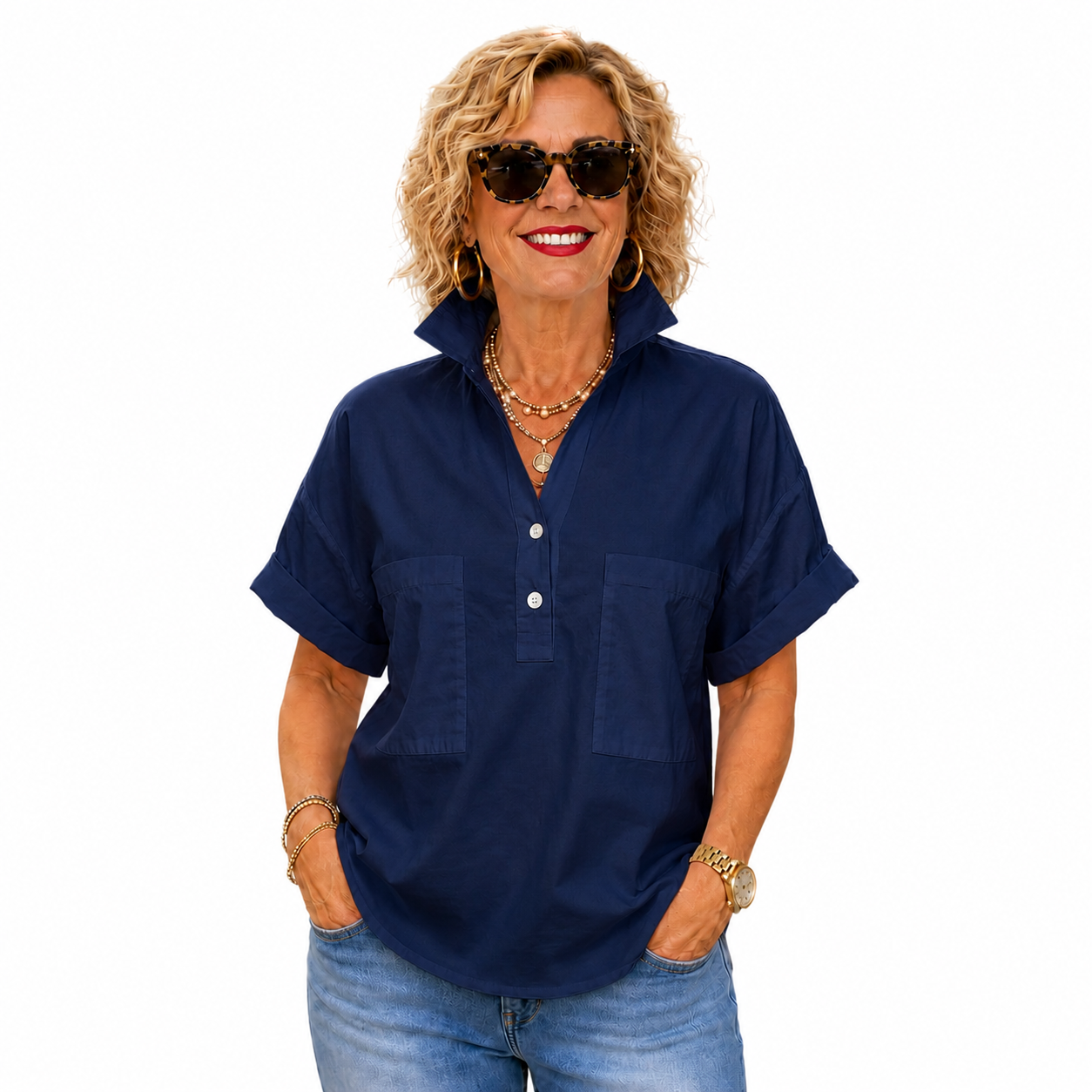 Women’s White Stand Collar Button-Back Relaxed Blouse