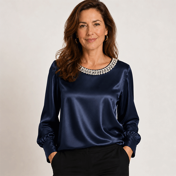 🔥New Arrival🔥Elegant synthetic pearl top with a satin round neckline for women