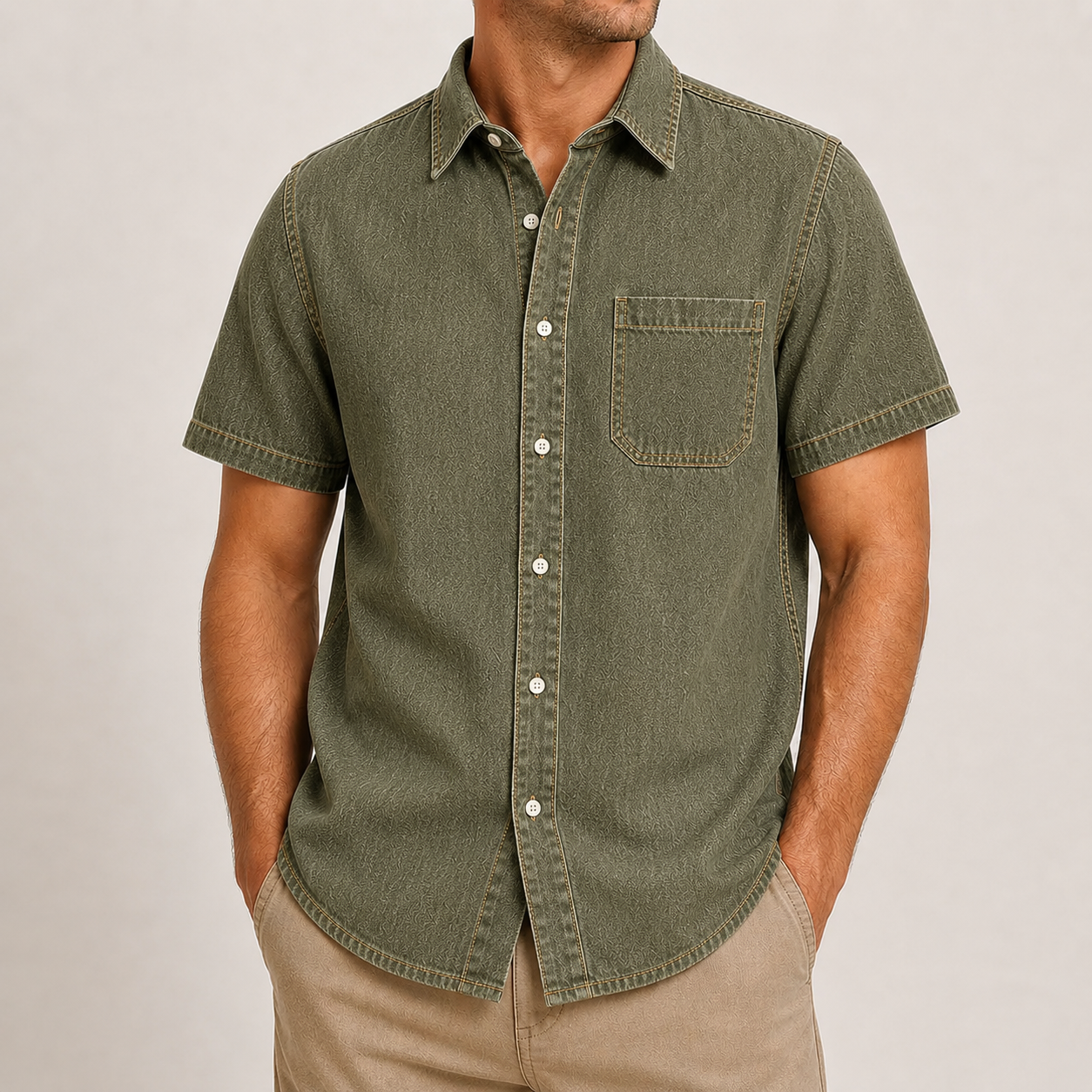 Men's Short Sleeve Denim Button-Up Shirt
