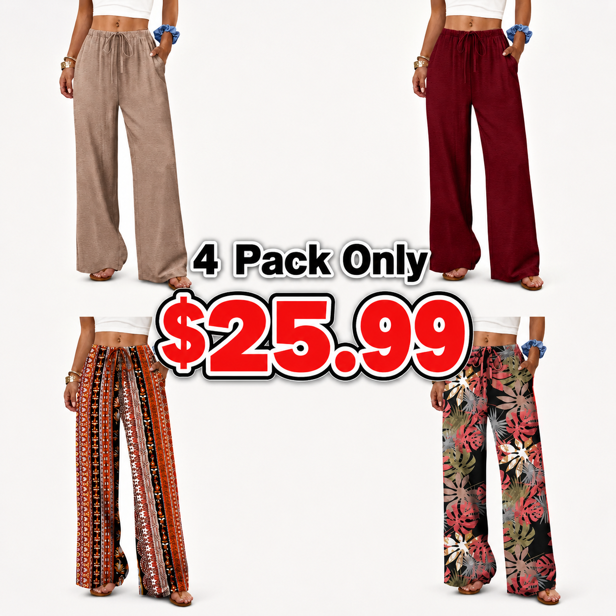 Wide Leg Pants for Women Flowy Palazzo Drawstring Elastic Waist Trousers with Pockets Summer Beach Vacation Clothes