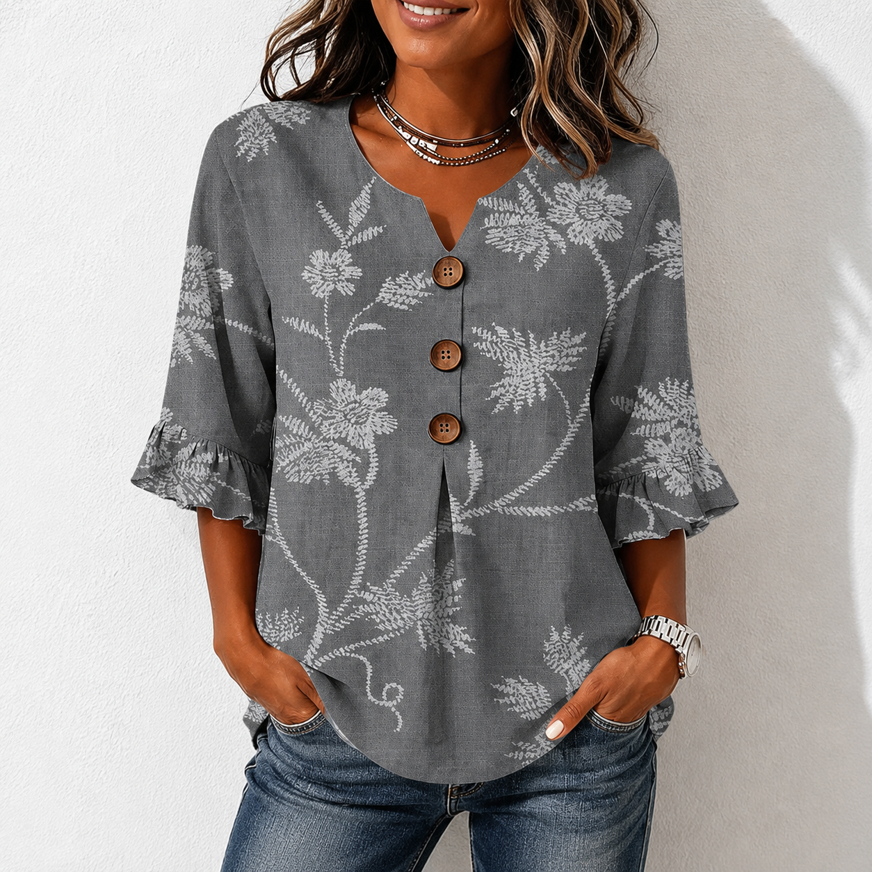 Boho Floral Print Button V-neck Blouse With Ruffle Sleeves