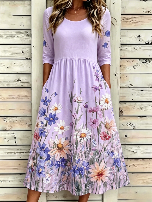 Women Floral Half Sleeve Crew Neck Dress Daily Vintage Maxi A-Line Summer Dress
