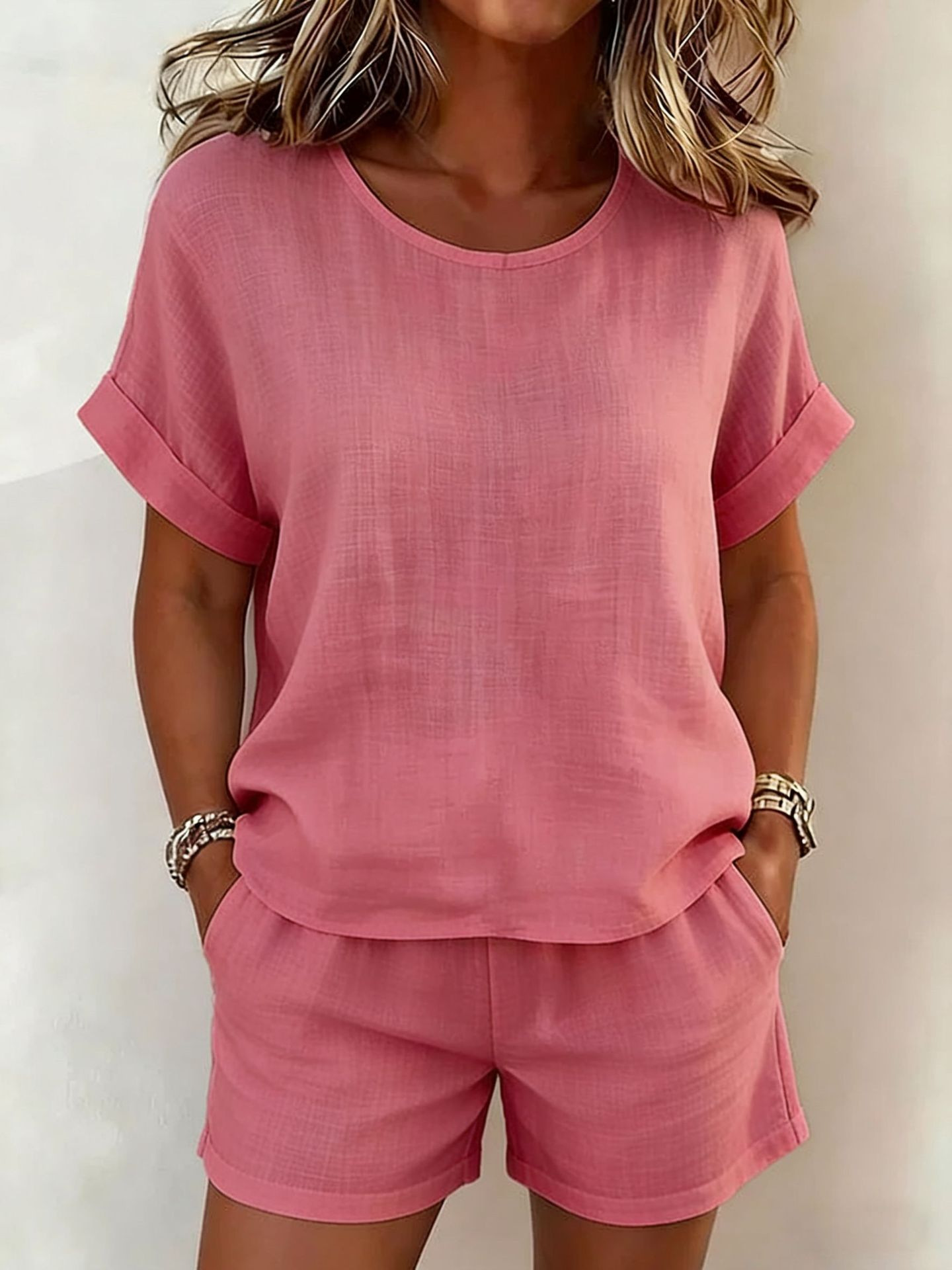 New Summer Arrival: Women's Solid-Color Casual Two-Piece Set — Crew Neck Short-Sleeve Top & Shorts