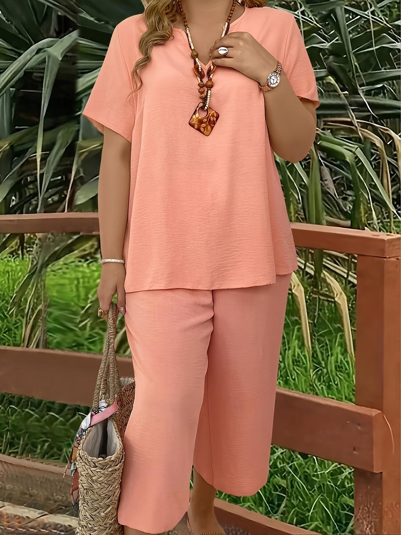 Women's Plus Size Elegant Wide Leg Pants Set - Solid Short Sleeve Casual Outfit - Mother's Day Gift Women's Plus Size Elegant Wide Leg Pants Set - Solid Short Sleeve Casual Outfit - Mother's Day Gift