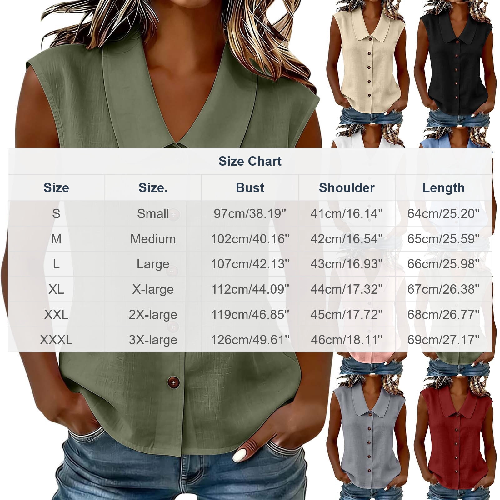 Rvasteizo Women Doll Collar Sleeveless Linen Texture Blouse with Front Button for Fresh Daily Casual Style