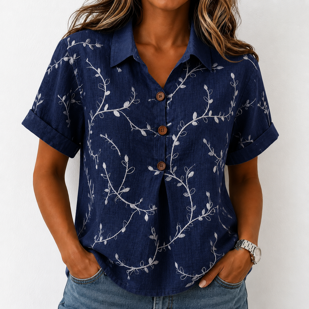 Women's Casual Short-Sleeve Positioning Print Cotton-Linen Top
