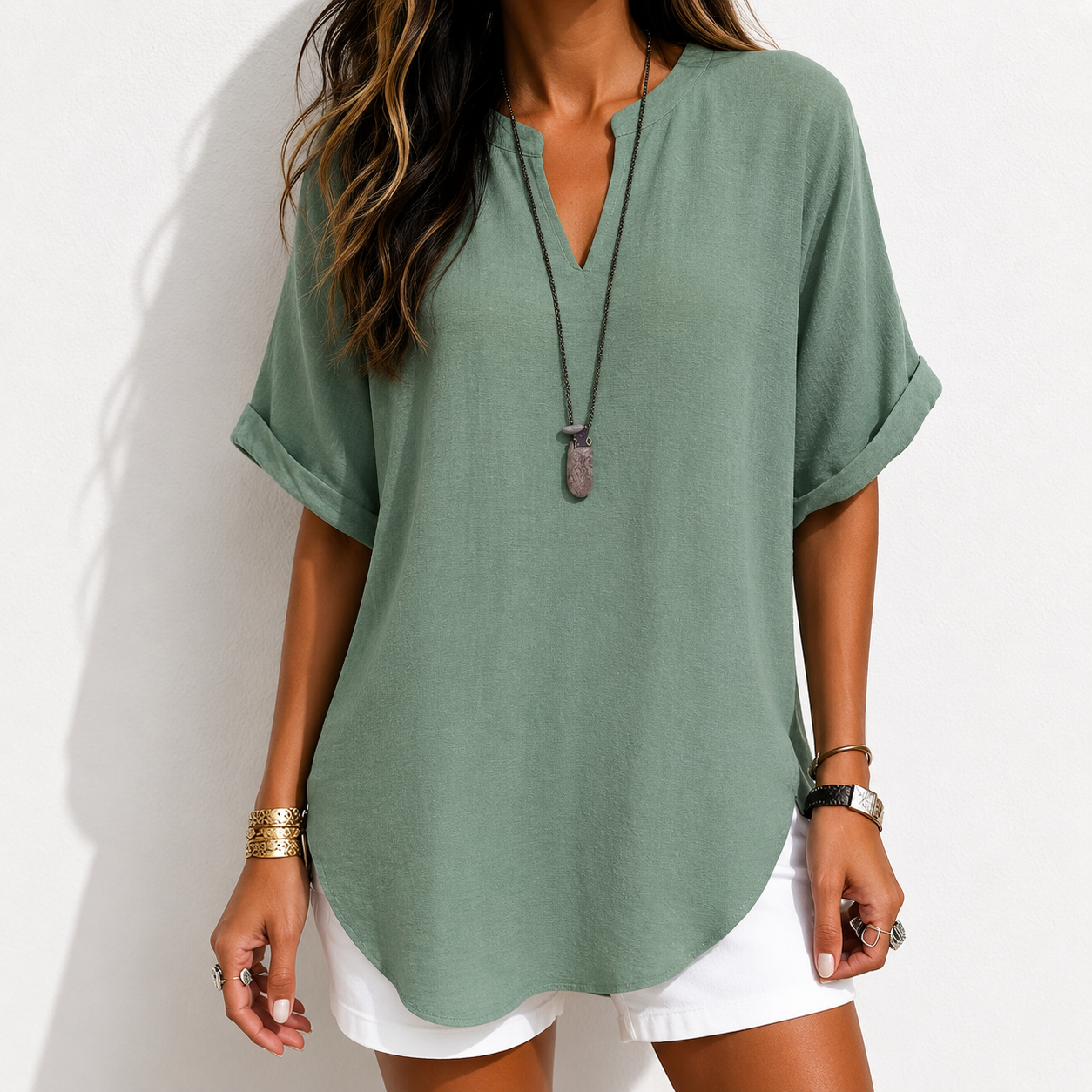 🔥Women's Plain Short Sleeve Blouse, Casual Solid Color Top for Daily Wear, Ladies Clothes for All Seasons