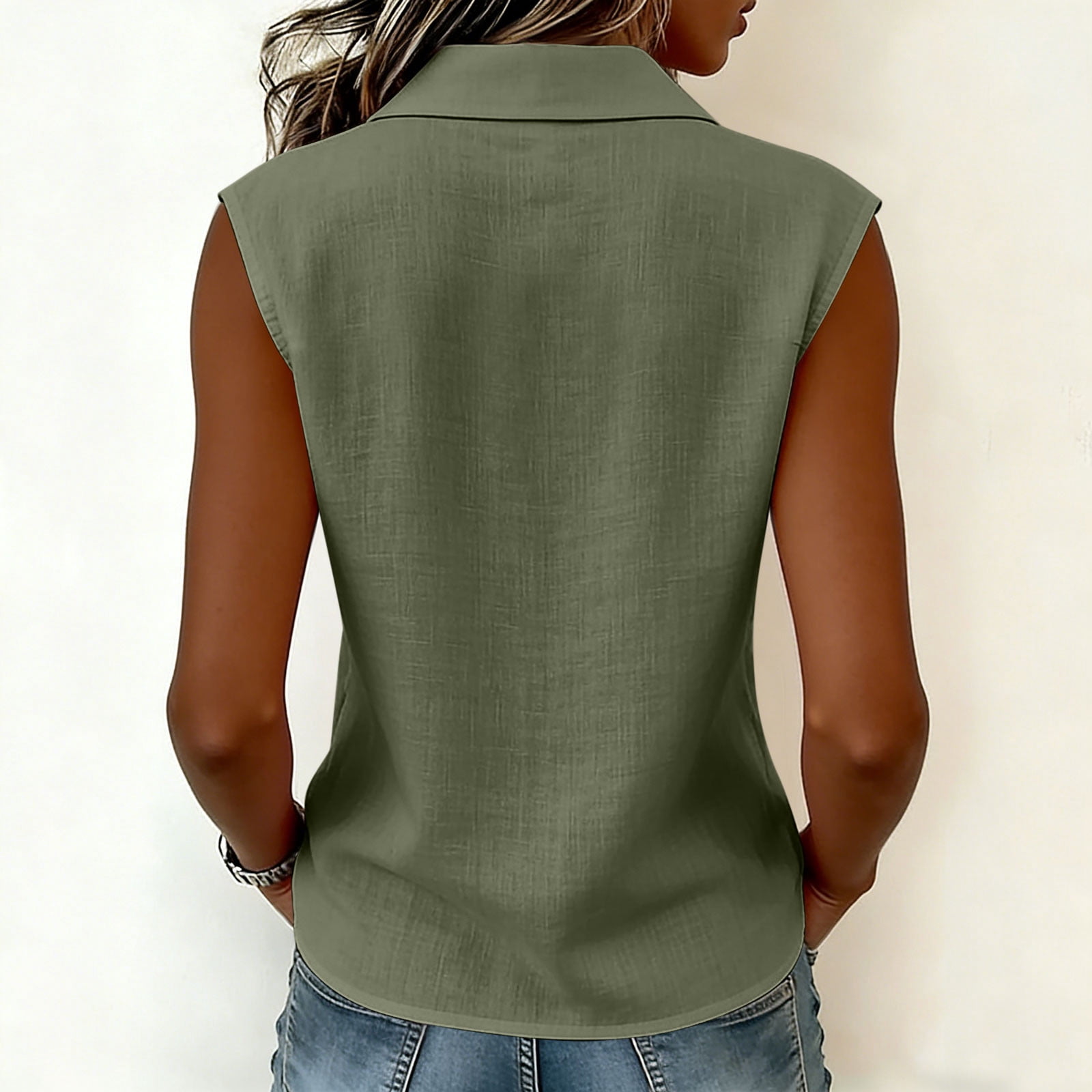 Rvasteizo Women Doll Collar Sleeveless Linen Texture Blouse with Front Button for Fresh Daily Casual Style
