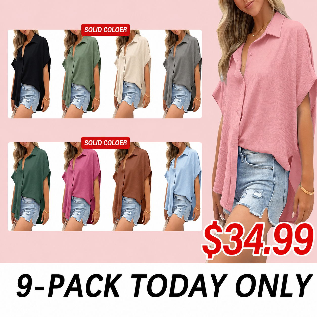 Women's Casual Button Short Sleeve Slit Hem Shirt Solid Color Tops