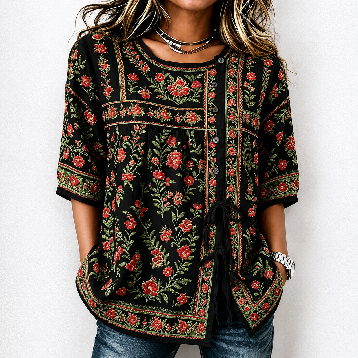 Women's Boho Floral Tie-Front Blouse