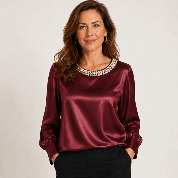 🔥New Arrival🔥Elegant synthetic pearl top with a satin round neckline for women