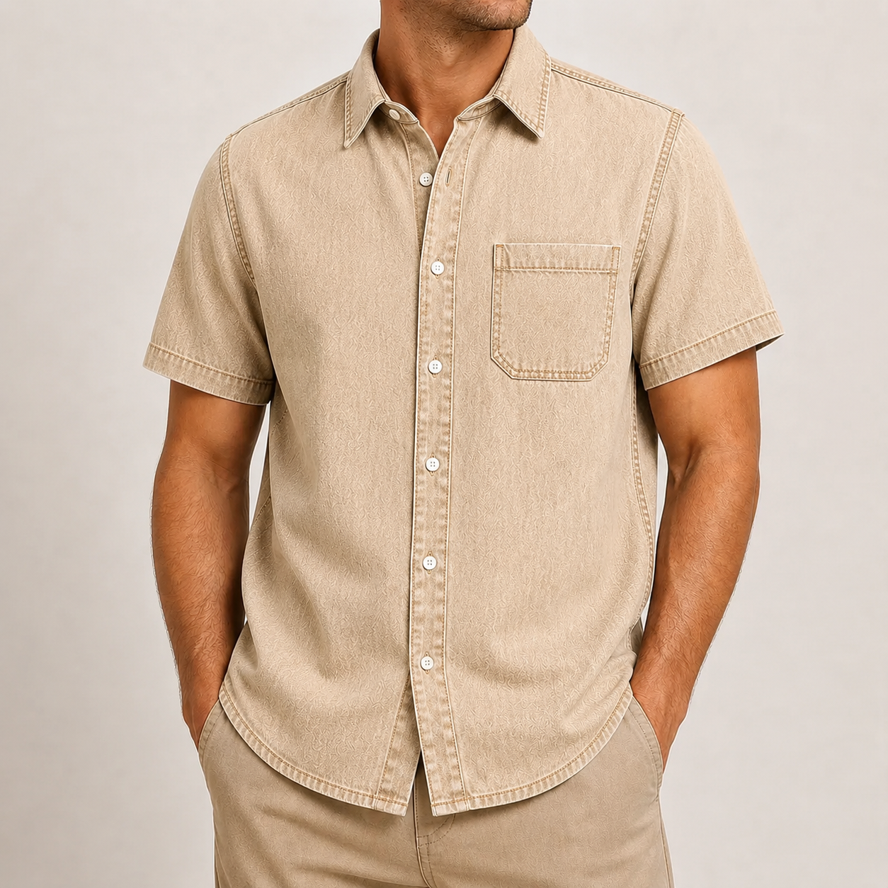 Men's Short Sleeve Denim Button-Up Shirt