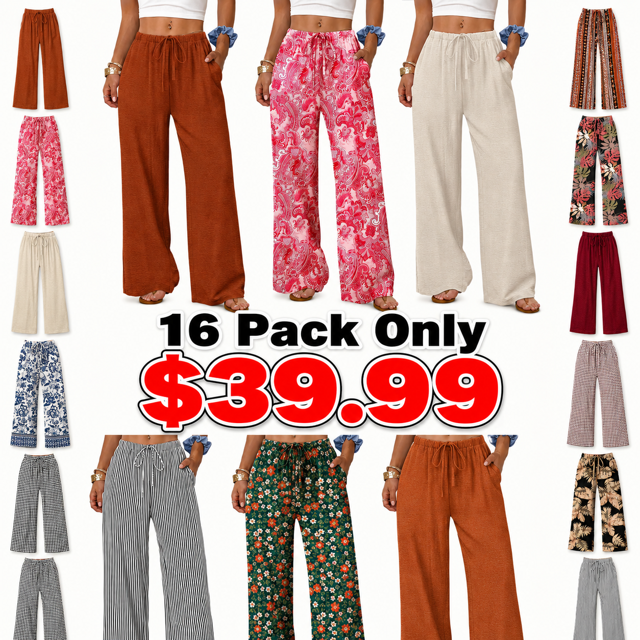Wide Leg Pants for Women Flowy Palazzo Drawstring Elastic Waist Trousers with Pockets Summer Beach Vacation Clothes