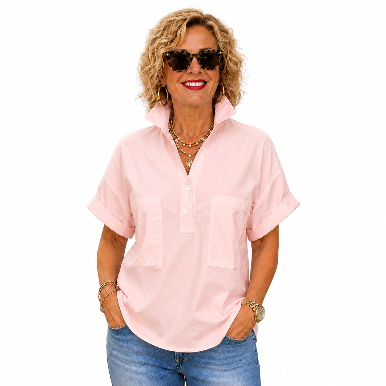 Women’s White Stand Collar Button-Back Relaxed Blouse
