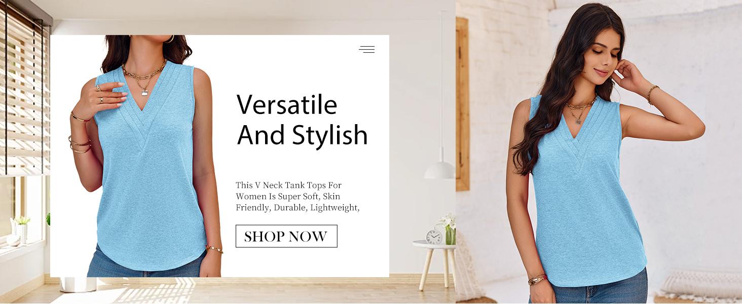Cicy Bell Women V Neck Tank Tops Dressy Casual Summer Loose Fit Sleeveless Shirts Blouse Comfy Womenswear Soft Basic