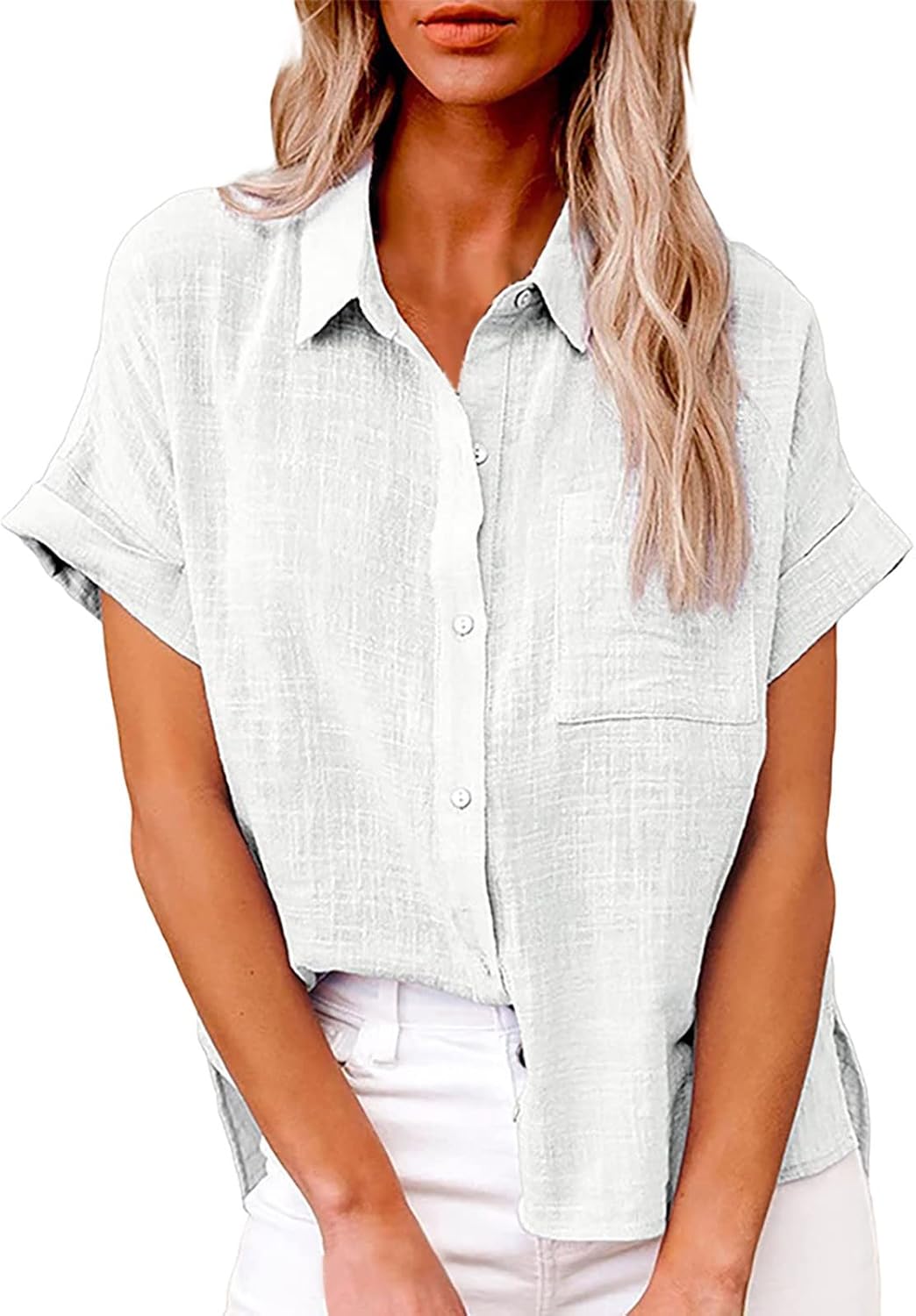 Womens Collared Linen Shirts Trendy 2025 Lapel Vcation Short Sleeve Linen Cotton Ladies Summer Blouses Button Down