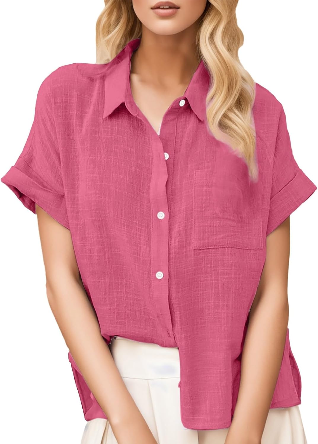Womens Collared Linen Shirts Trendy 2025 Lapel Vcation Short Sleeve Linen Cotton Ladies Summer Blouses Button Down