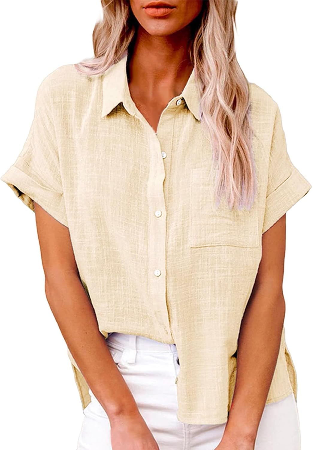Womens Collared Linen Shirts Trendy 2025 Lapel Vcation Short Sleeve Linen Cotton Ladies Summer Blouses Button Down