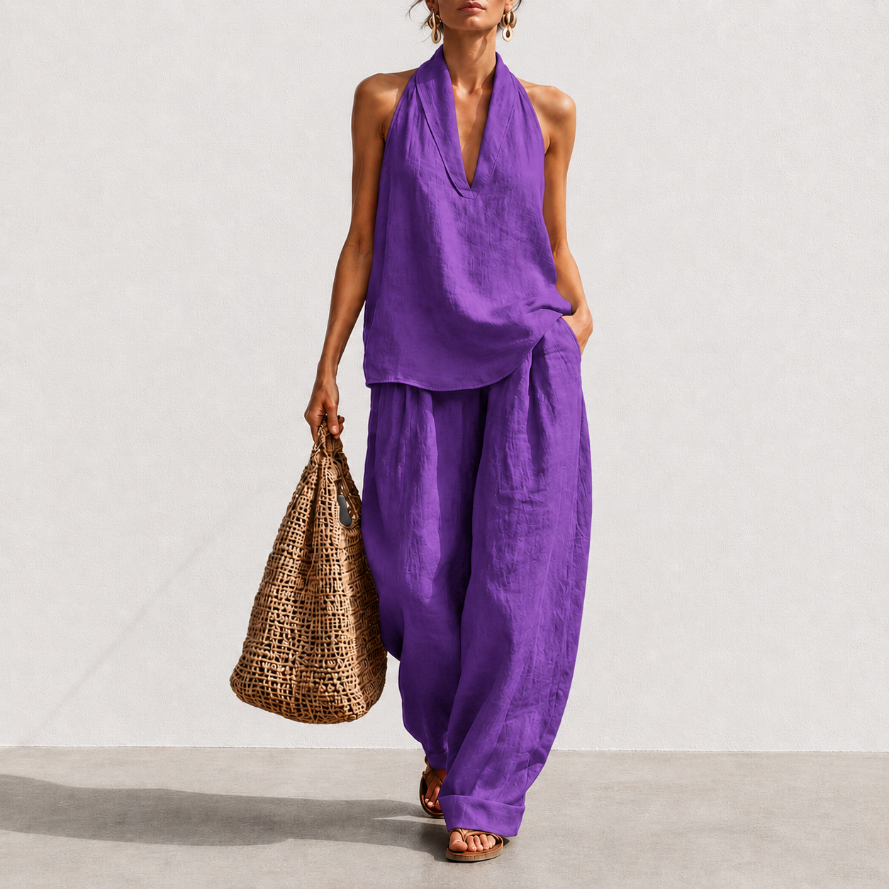 Women's Boho Linen Two Piece Set Halter Neck Sleeveless Top & Wide Leg Pants Beach Vacation Brunch Casual Outfit