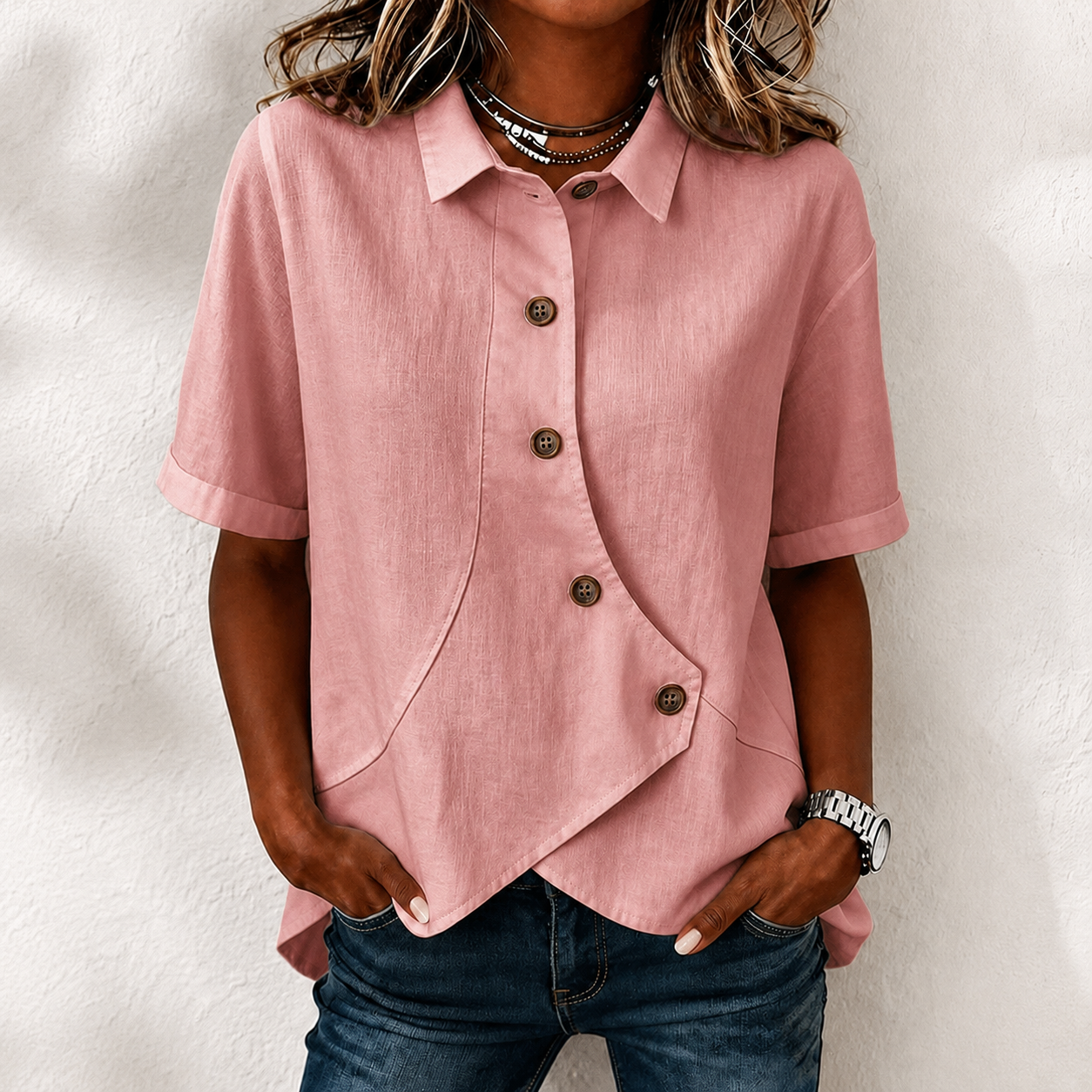 Elegant Solid Collared Button-up Short Sleeve Blouse