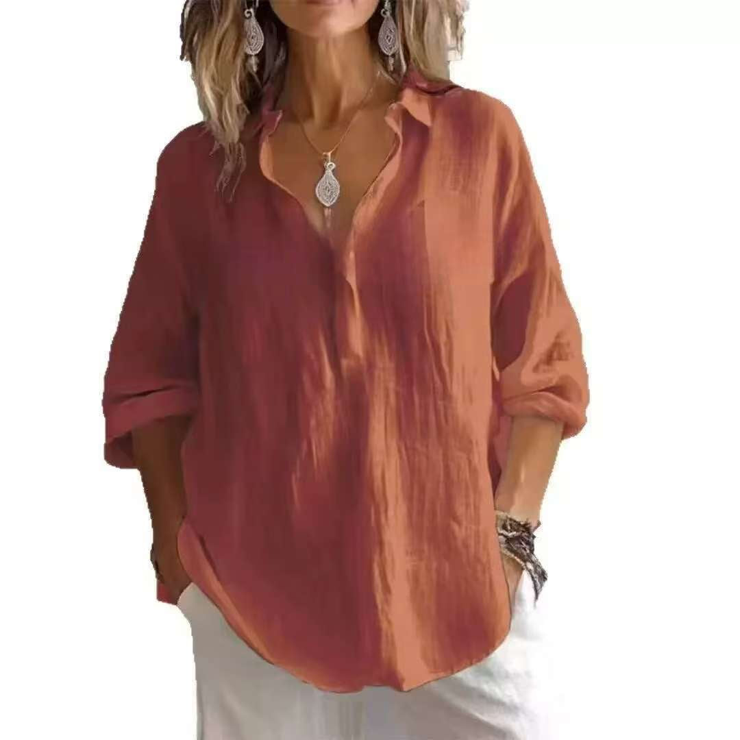 Fashion Long-sleeved Lapel Pullover Shirt Casual Loose Solid Color T-shirt Tops Women's Clothing