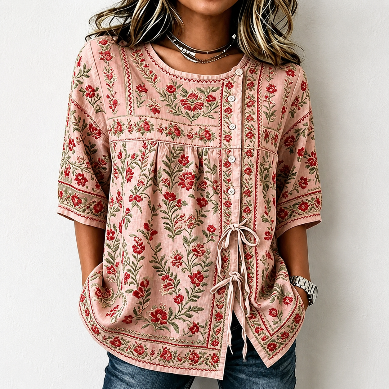 Women's Boho Floral Tie-Front Blouse