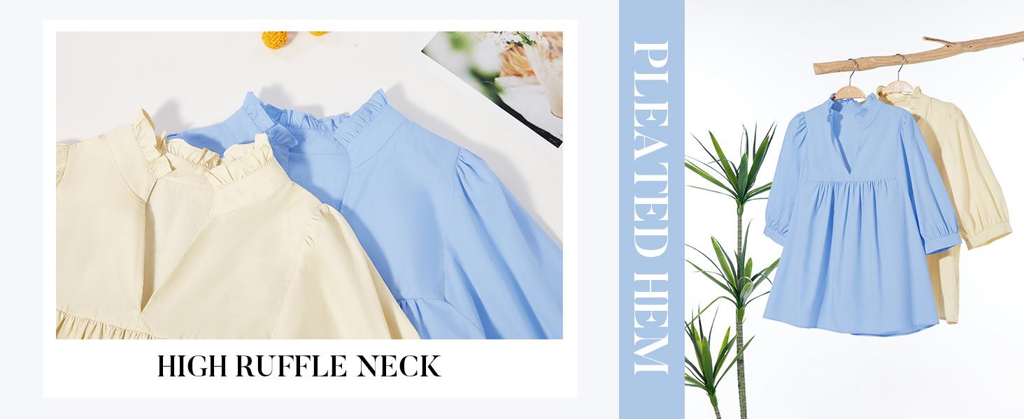 Cicy Bell Womens V Neck Puff Sleeve Blouse Babydoll Peplum Tops Dressy Casual Pleated Loose Fit Shirts