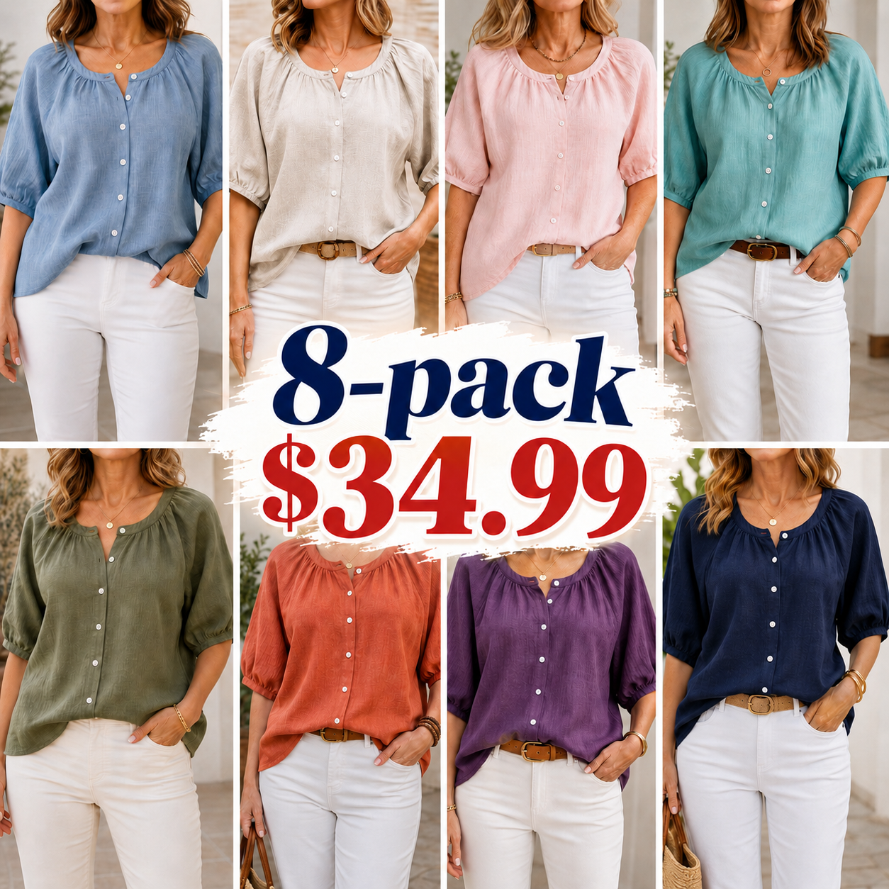 Women’s 8-Pack Button Front Puff Sleeve Blouses