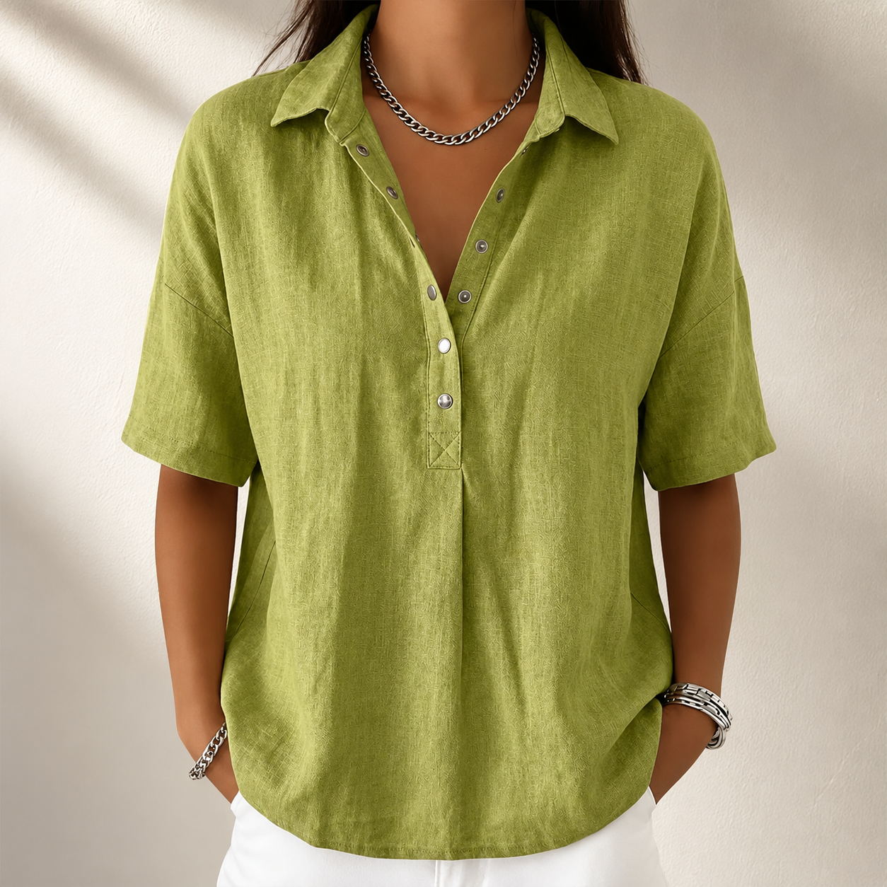 Women’s Cotton Linen Polo Shirt – Casual Short Sleeve Summer Top