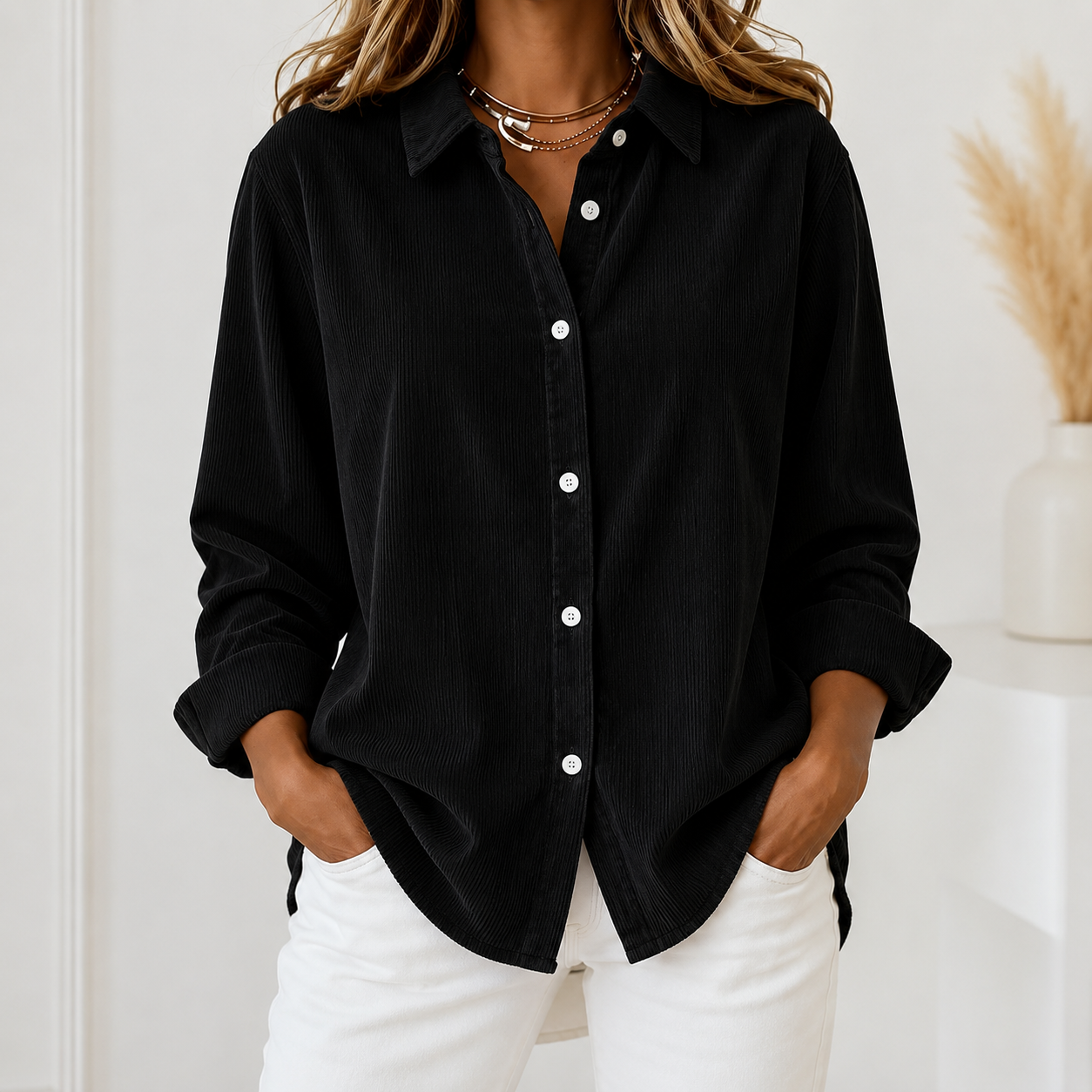 Loose Solid Color Corduroy Button Shirt