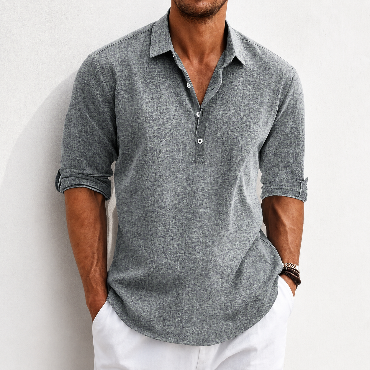 Men's Breathable Linen Henley Shirt –3/4 Sleeves Polo Shirt- Casual Roll-Up Sleeve Summer Essential