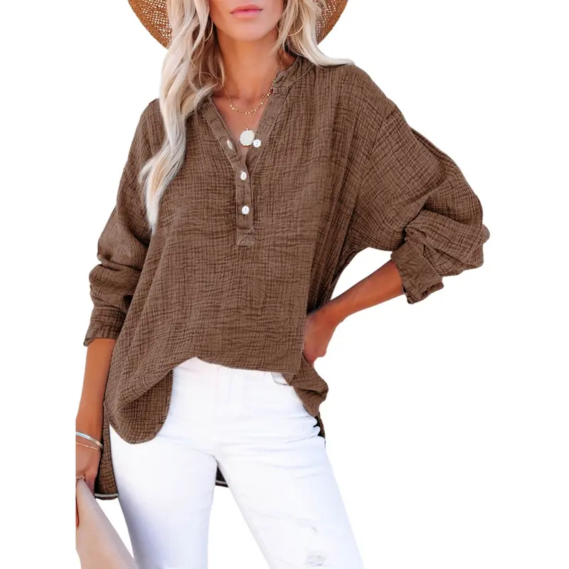 Dokotoo Women's Casual Button V Neck Long Sleeve Shirts Oversized Solid Blouses Tops 100% Cotton Boyfriend Style Loose Fit