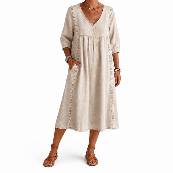 New Arrivals🔥Women's Casual Loose-fitting Patchwork Lace Trim Linen And Cotton Dress