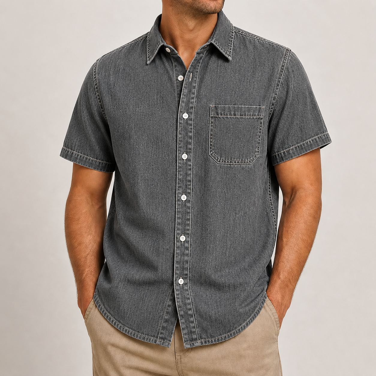 Men's Short Sleeve Denim Button-Up Shirt