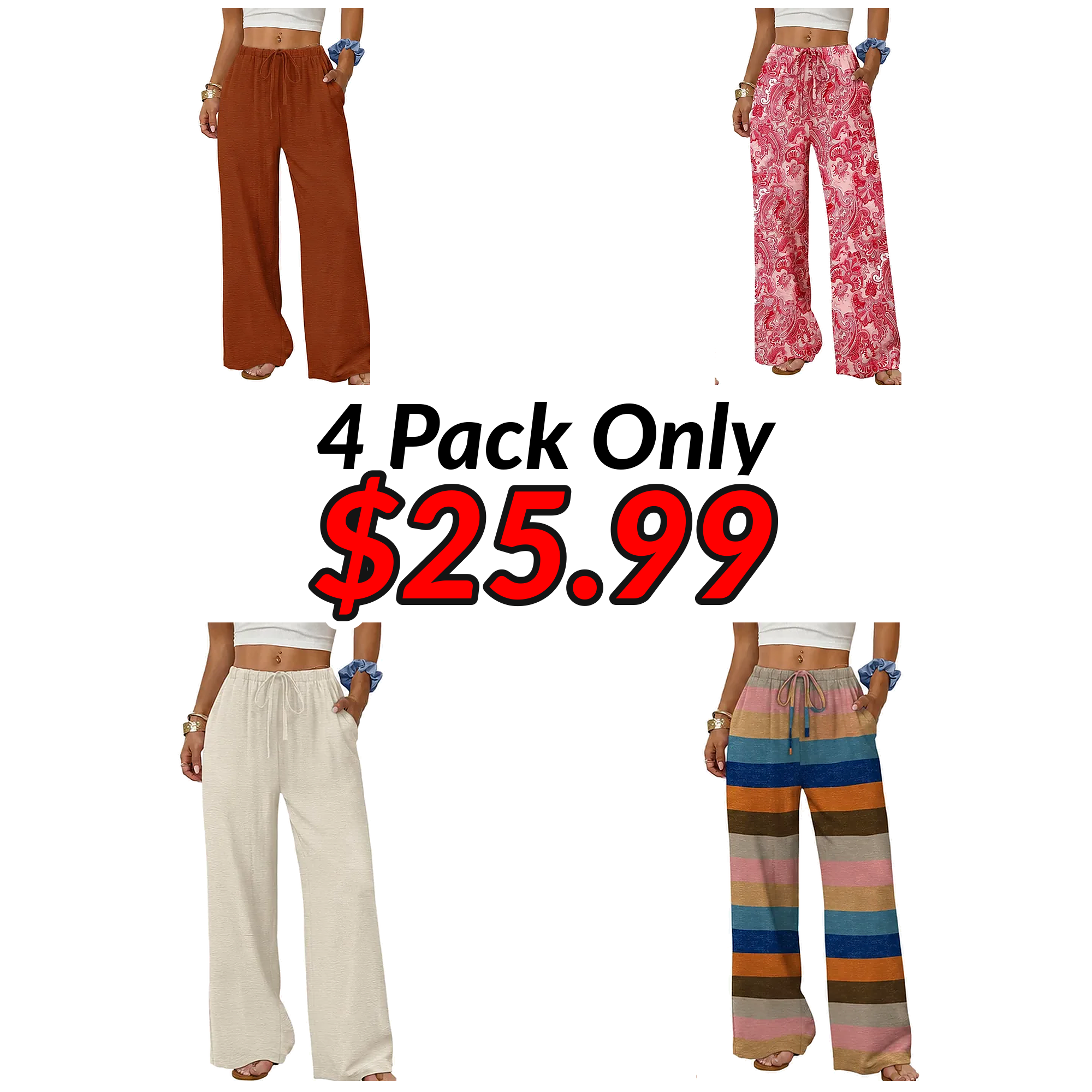Wide Leg Pants for Women Flowy Palazzo Drawstring Elastic Waist Trousers with Pockets Summer Beach Vacation Clothes