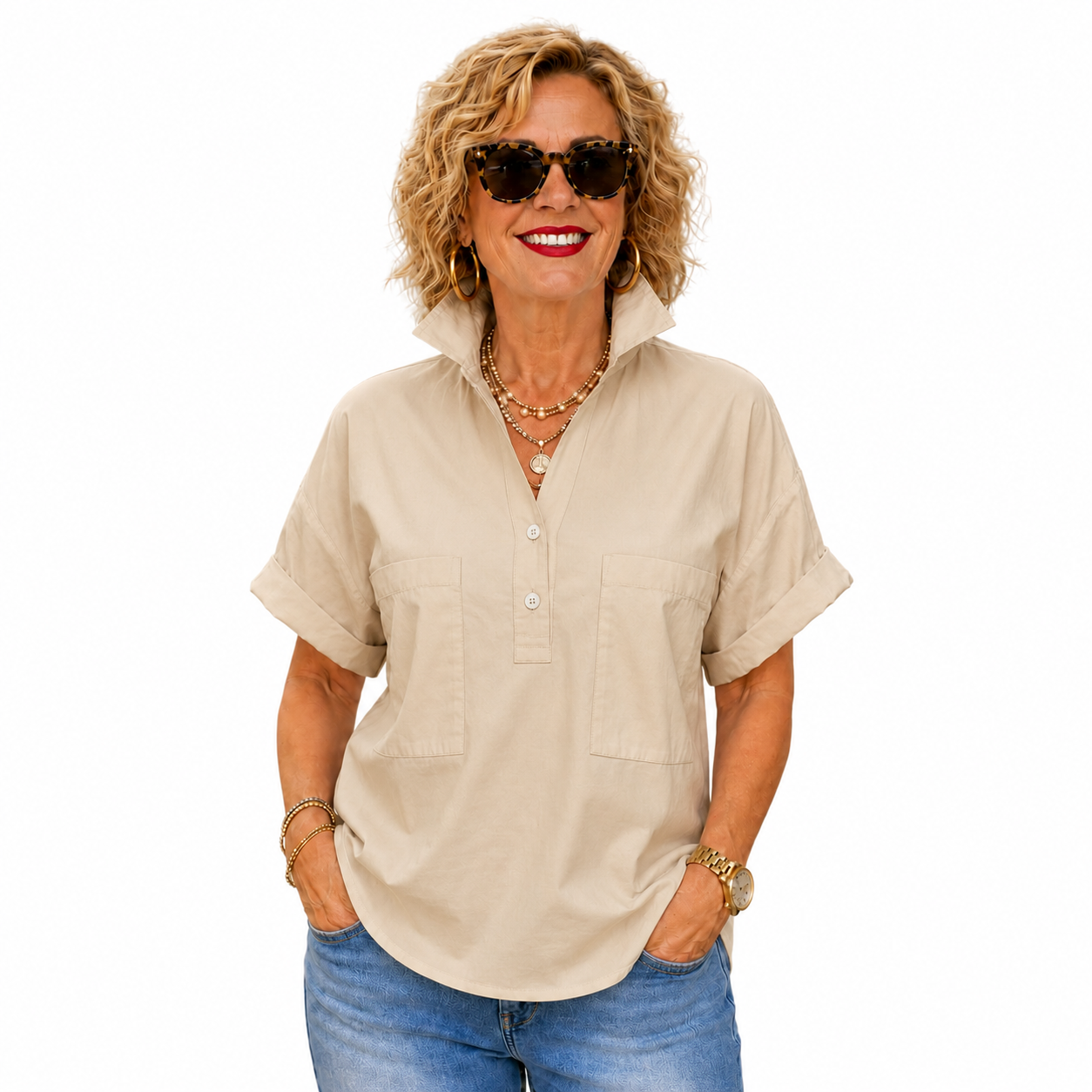 Women’s White Stand Collar Button-Back Relaxed Blouse