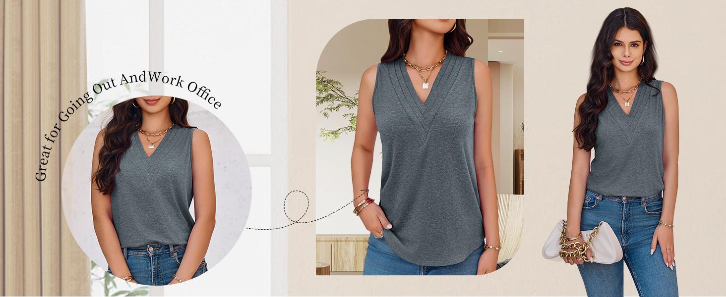 Cicy Bell Women V Neck Tank Tops Dressy Casual Summer Loose Fit Sleeveless Shirts Blouse Comfy Womenswear Soft Basic