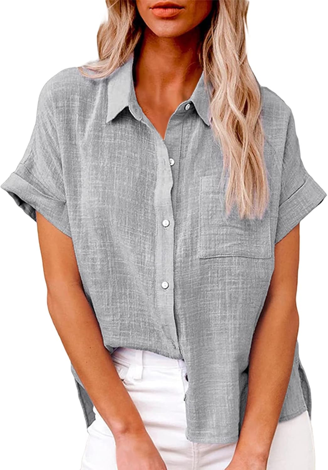 Womens Collared Linen Shirts Trendy 2025 Lapel Vcation Short Sleeve Linen Cotton Ladies Summer Blouses Button Down