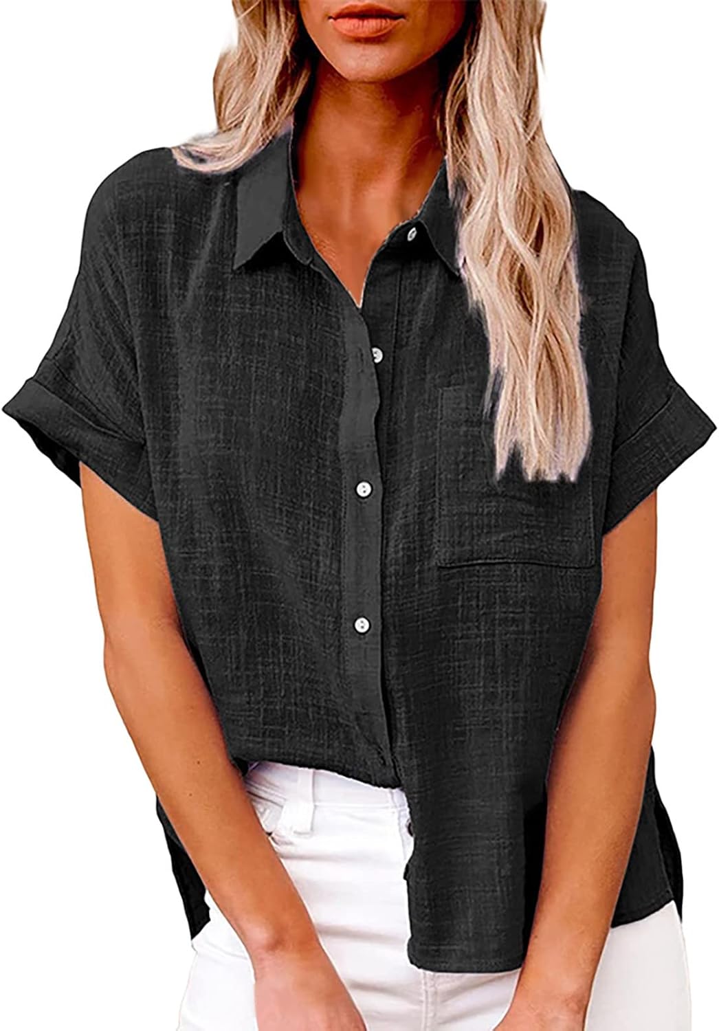 Womens Collared Linen Shirts Trendy 2025 Lapel Vcation Short Sleeve Linen Cotton Ladies Summer Blouses Button Down