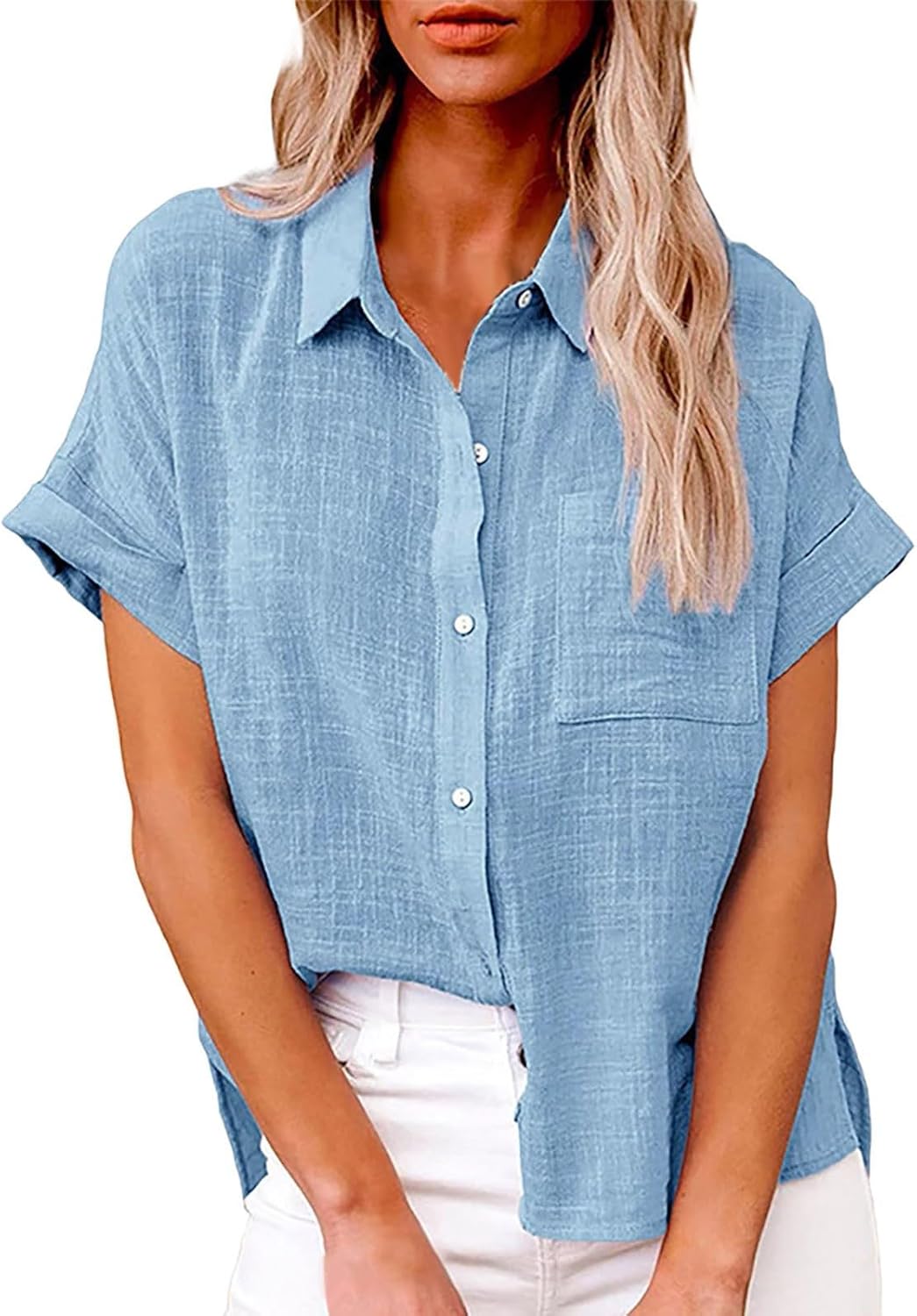 Womens Collared Linen Shirts Trendy 2025 Lapel Vcation Short Sleeve Linen Cotton Ladies Summer Blouses Button Down