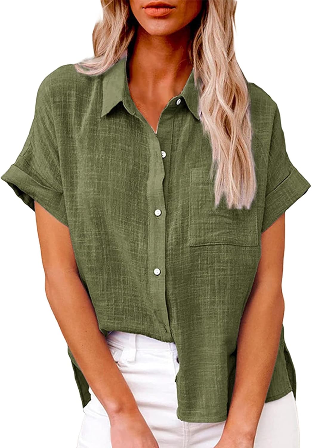 Womens Collared Linen Shirts Trendy 2025 Lapel Vcation Short Sleeve Linen Cotton Ladies Summer Blouses Button Down