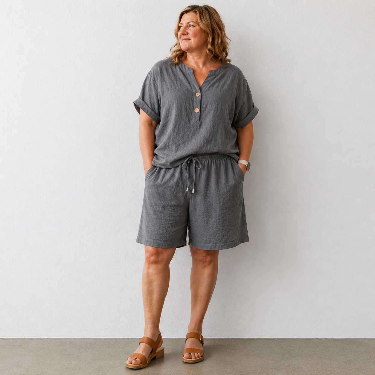 Summer Co Ord Sets for Women Cotton Linen Set 2 Piece Outfits Short Sleeve Button Down Henley Top and Wide Leg Shorts Set Oversized Tracksuits Elegant Travel Loungewear
