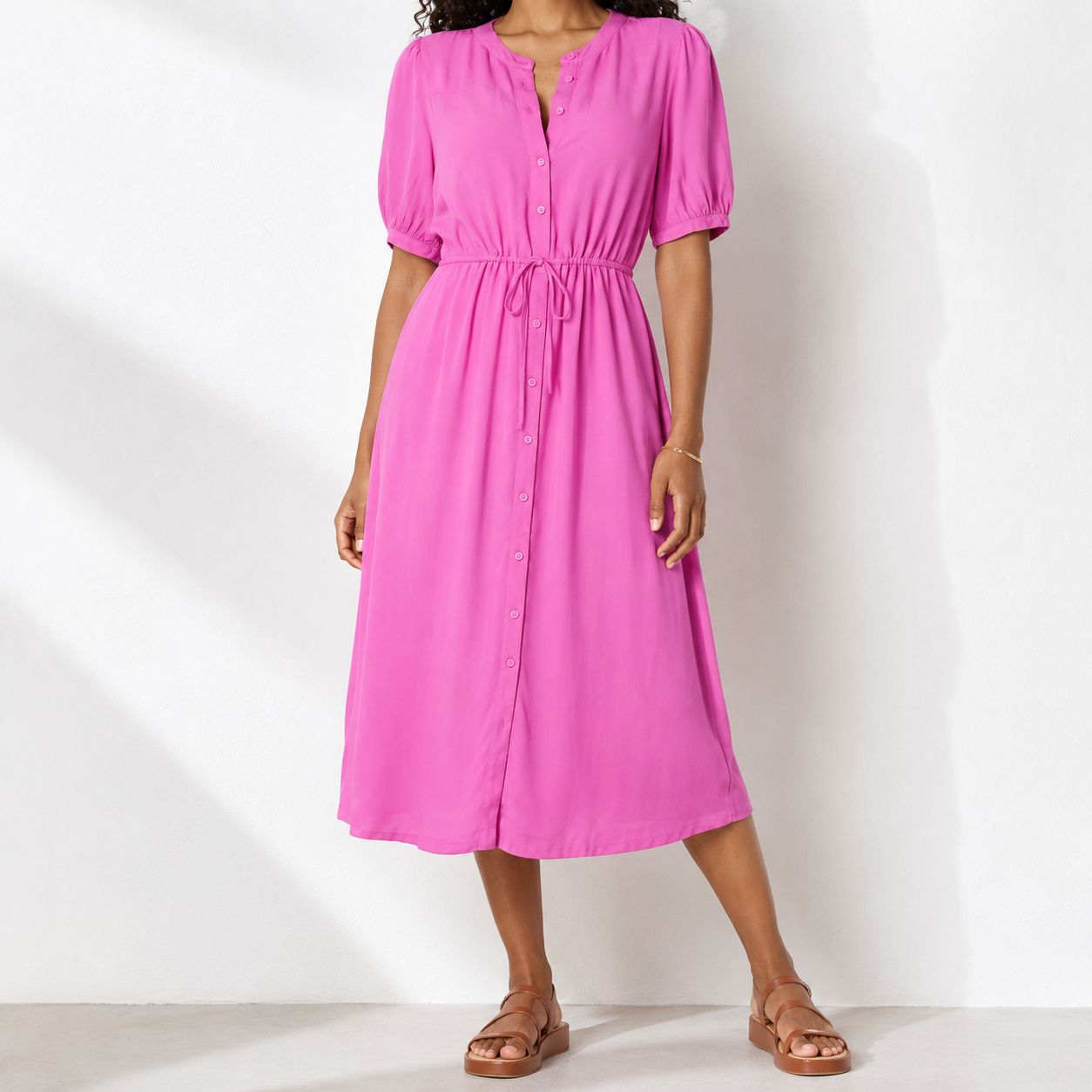 Women's Fit and Flare Half-Sleeve Waisted Midi A-Line Dress with Pockets