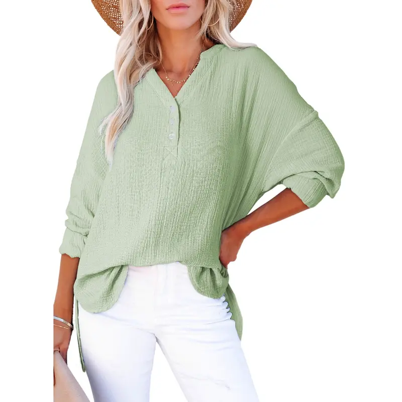 Dokotoo Women's Casual Button V Neck Long Sleeve Shirts Oversized Solid Blouses Tops 100% Cotton Boyfriend Style Loose Fit