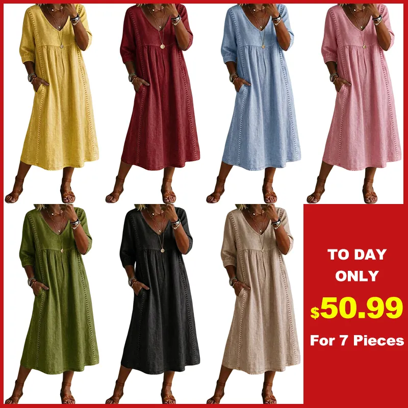 New Arrivals🔥Women's Casual Loose-fitting Patchwork Lace Trim Linen And Cotton Dress